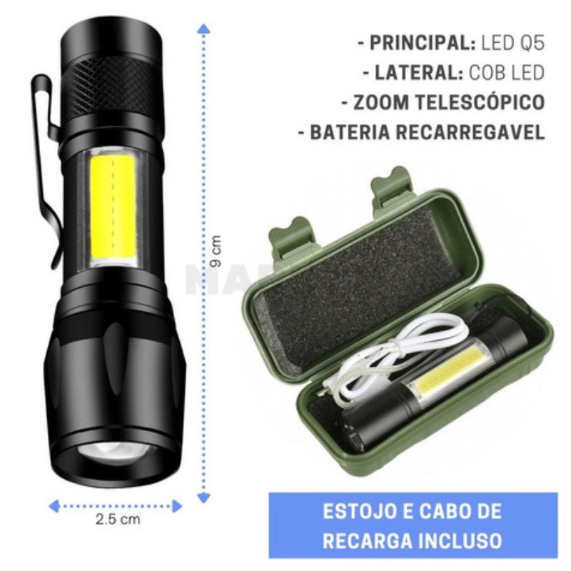 Mini Lanterna LED Recarregável USB com Zoom Ajustável