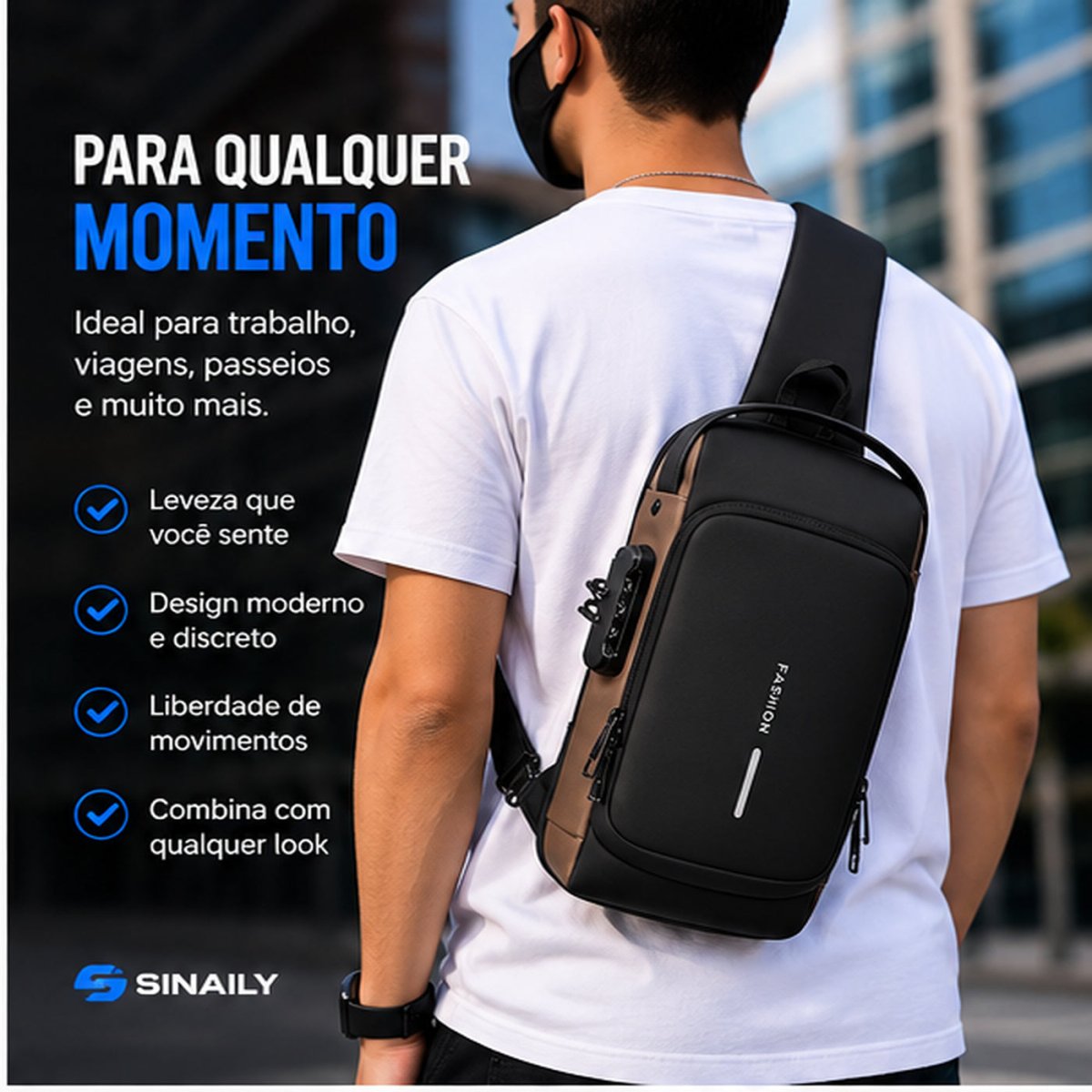 Bolsa Sling Antifurto em Oxford com Porta USB