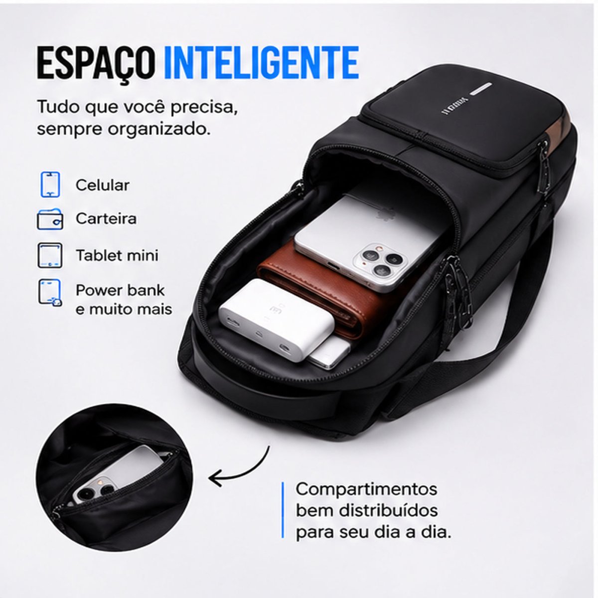 Bolsa Sling Antifurto em Oxford com Porta USB
