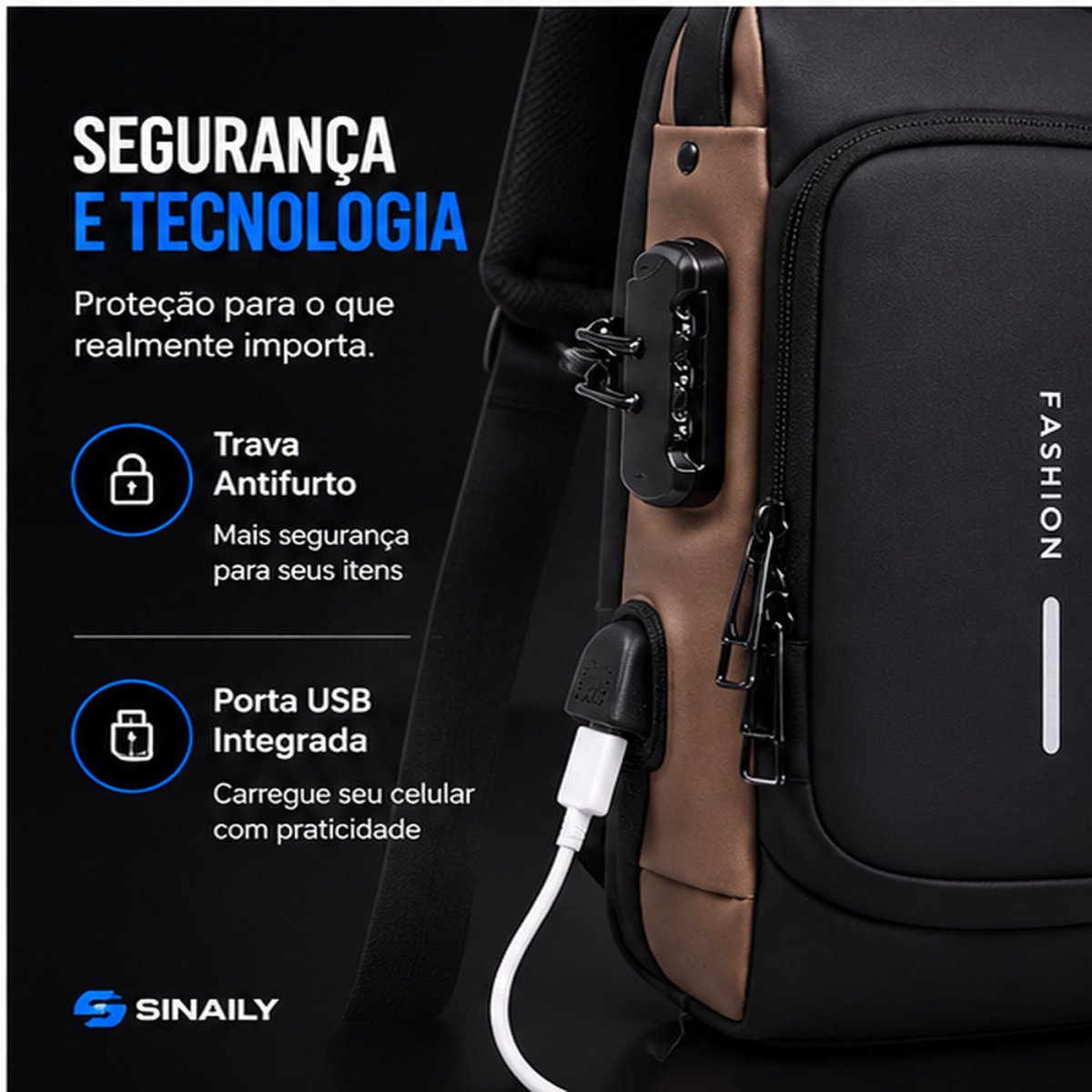 Bolsa Sling Antifurto em Oxford com Porta USB