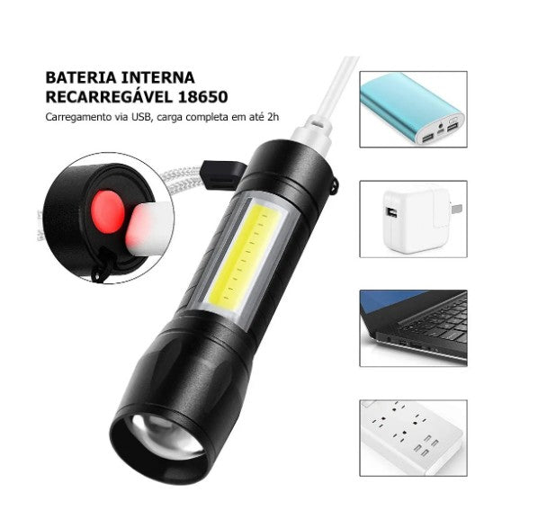 Mini Lanterna LED Recarregável USB com Zoom Ajustável