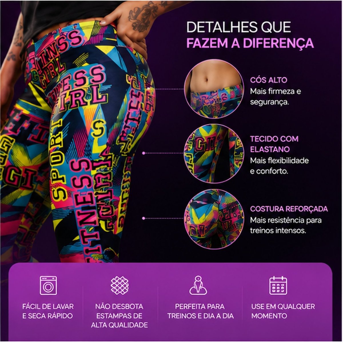 Legging Fitness Colorida em Poliamida Suplex