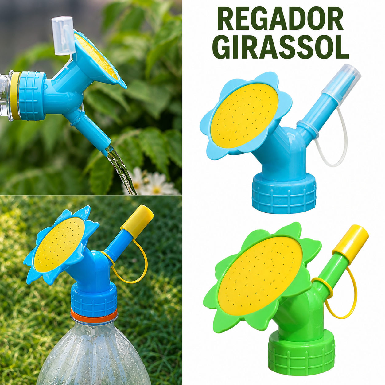 Regador Girassol azul e verde em uso
